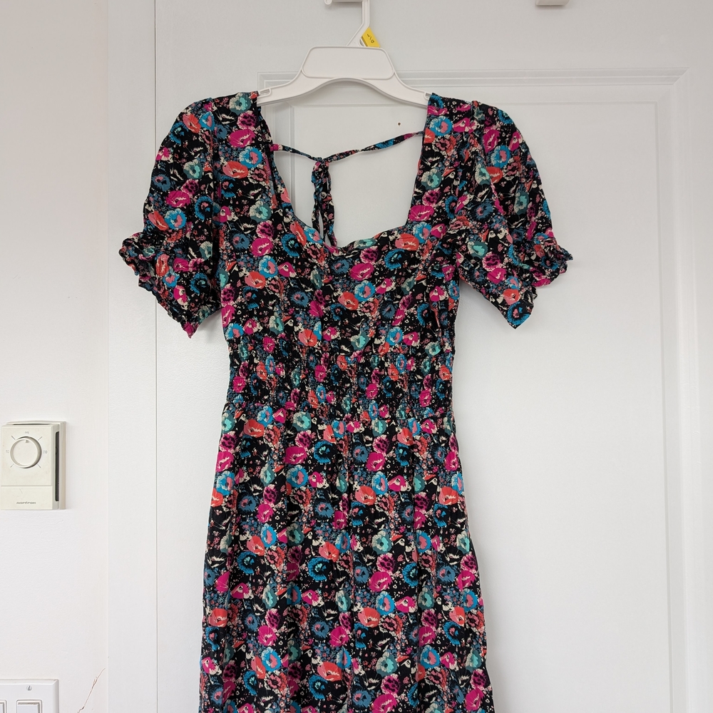 next Black Midi Dress with Pink & Teal Floral Print